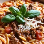 Creamy Tomato Ground Beef Orzo – Easy One-Pot Dinner 5 Bowl of creamy tomato ground beef orzo with Parmesan and basil on top in a rich tomato sauce