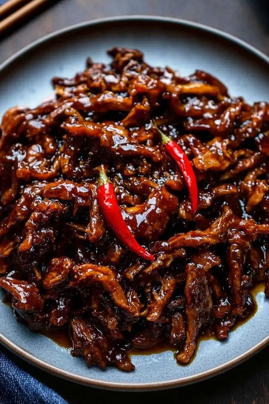 Crispy chilli beef with red chillies on a blue plate – sticky, golden, and garnished to perfection