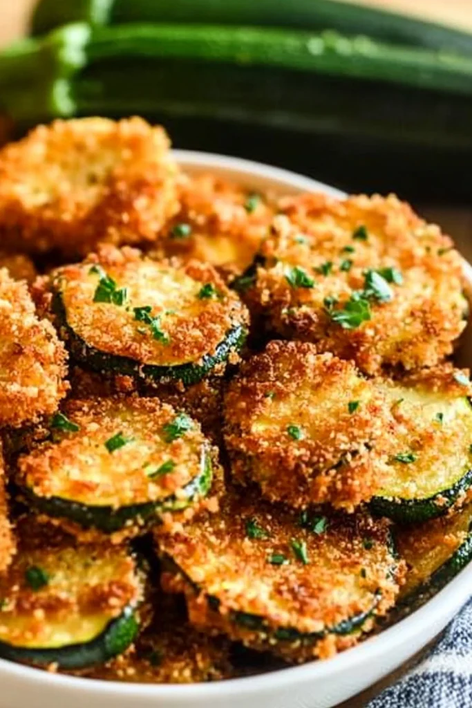 Crispy Pan Fried Zucchini: Easy Summer Veggie Delight 8 A bowl full of crispy pan fried zucchini slices with parmesan breadcrumb coating, garnished with parsley and served with whole zucchinis in the background.