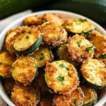 Crispy Pan Fried Zucchini: Easy Summer Veggie Delight 9 Golden crispy pan-fried zucchini slices coated with parmesan breadcrumbs and garnished with fresh parsley in a white bowl, with whole zucchinis and rustic linen napkin on a wooden table.