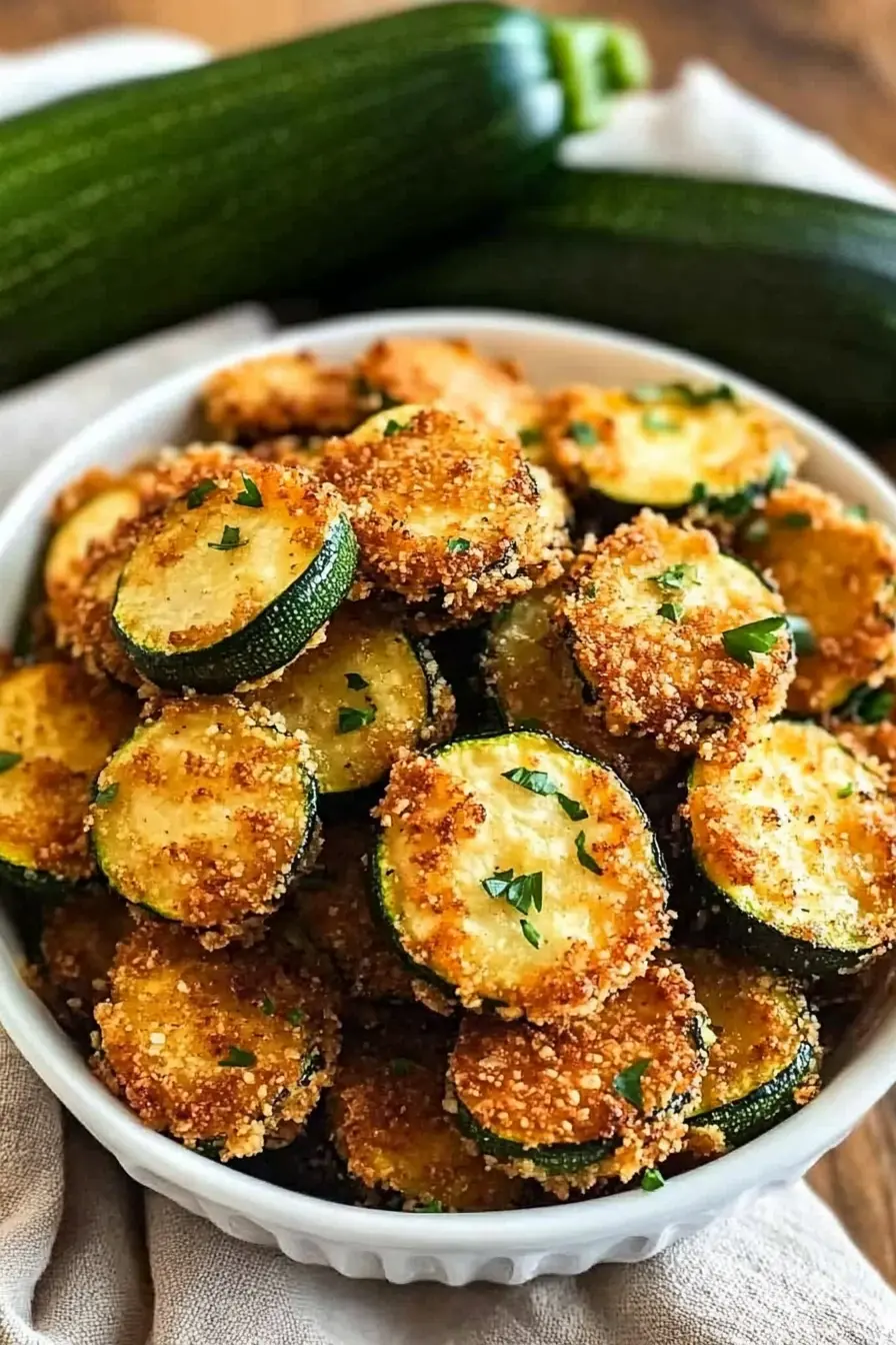 Golden crispy pan-fried zucchini slices coated with parmesan breadcrumbs and garnished with fresh parsley in a white bowl, with whole zucchinis and rustic linen napkin on a wooden table.