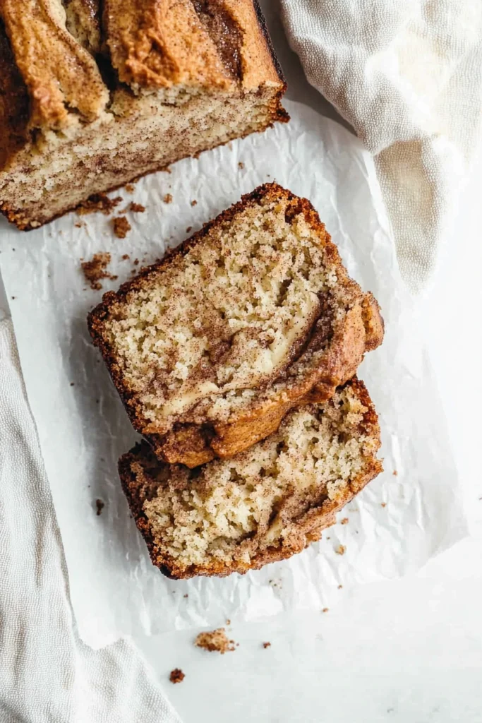 Overhead view of sliced snickerdoodle banana bread with cinnamon swirl and sugar crust on parchment and napkin.