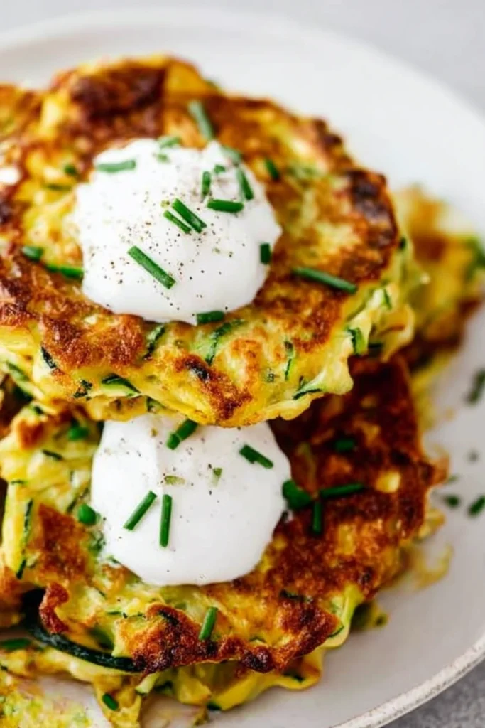 Easy Zucchini Fritters Recipe: Crispy & Healthy Summer Snack 6 Crispy Zucchini Fritters with Sour Cream Chivesand Black Pepper Close Up