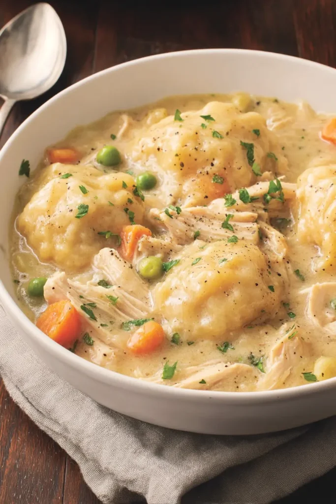 Crockpot Chicken and Dumplings: Cozy & Easy Winter Meal 6 Chicken and Dumplings in a white bowl with vegetables and creamy broth