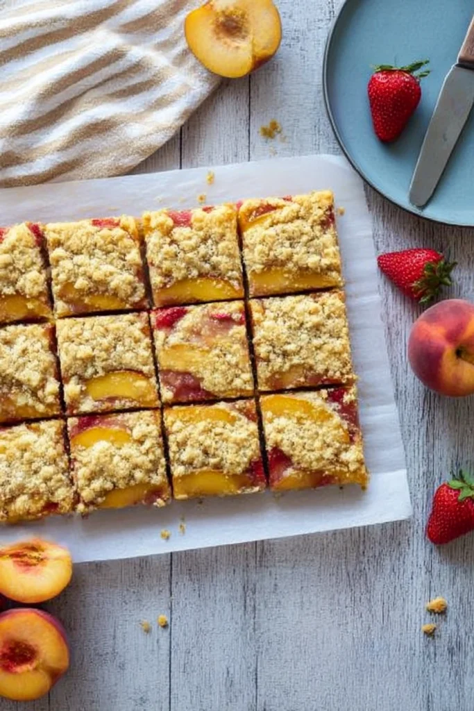 Strawberry Peach Buckle: A Juicy Summer Fruit Cake You’ll Adore 6 Twelve square pieces of freshly baked strawberry peach buckle with crumbly streusel topping on white parchment paper, surrounded by fresh peaches, strawberries, and kitchen towel on rustic gray wooden table