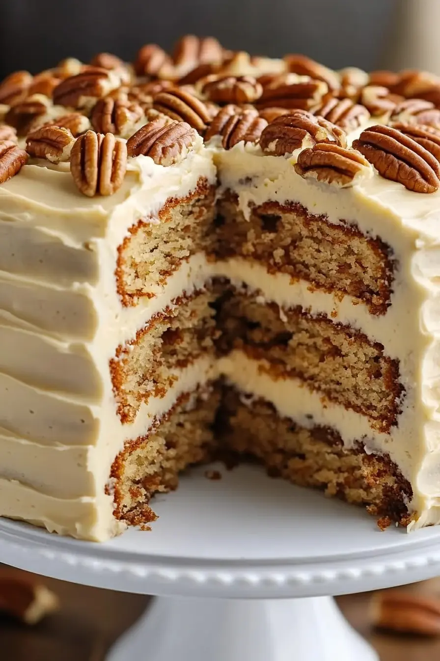 Moist butter pecan cake with creamy frosting and toasted pecans on a white cake stand