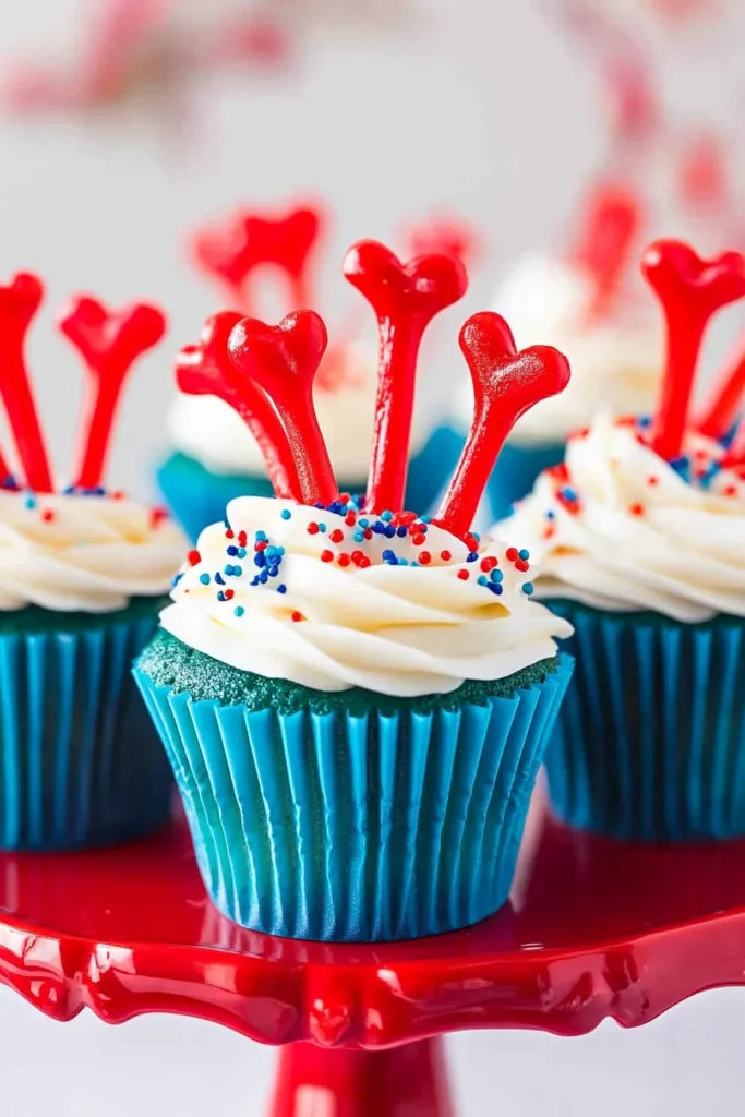 Firecracker Cupcakes – A Festive 4th of July Dessert Idea 6 Firecracker cupcakes with red licorice and buttercream frosting on a red cake stand—patriotic dessert for July 4th parties.