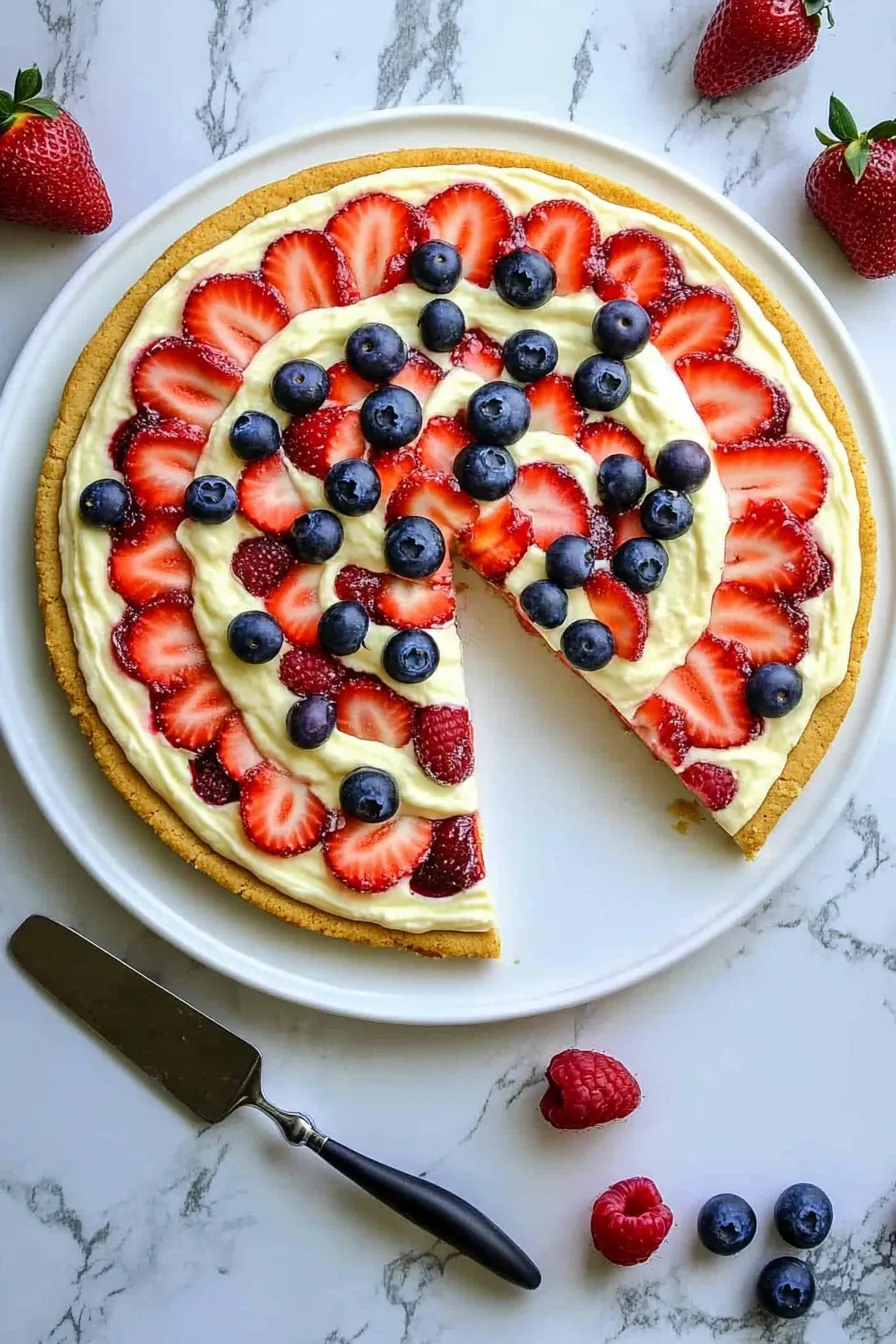 Top-down view of a patriotic 4th of July fruit pizza with a golden sugar cookie crust, creamy white cream cheese frosting, and fresh blueberries, strawberries, and raspberries arranged in concentric circles. A slice is served on a white ceramic plate on a rustic wooden table.