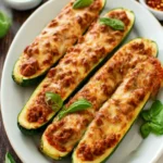 Baked stuffed zucchini boats topped with melted mozzarella cheese and Italian sausage, garnished with fresh herbs on a white ceramic plate.