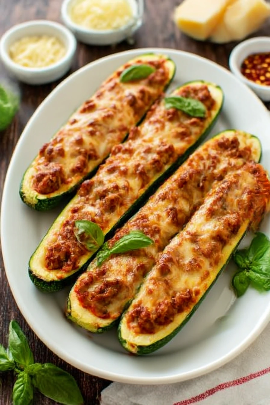 Baked stuffed zucchini boats topped with melted mozzarella cheese and Italian sausage, garnished with fresh herbs on a white ceramic plate.