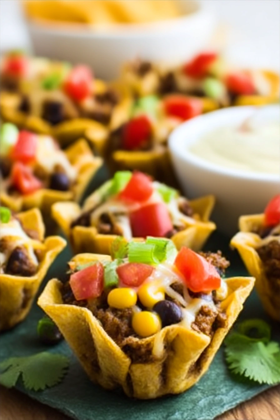 Close-up of crispy baked taco bites in golden mini shells filled with seasoned ground beef, black beans, corn, melted cheese, and topped with fresh diced tomatoes, green onions, and cilantro on a rustic dark green slate.