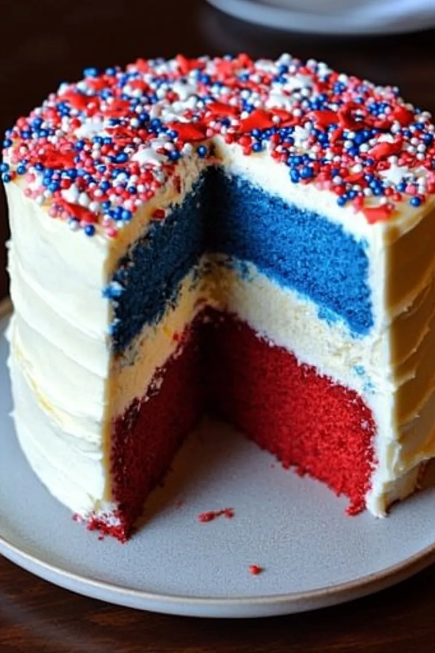 Layered blue cake, white cheesecake, and red cake slice with creamy white frosting and festive patriotic sprinkles on a rustic ceramic plate