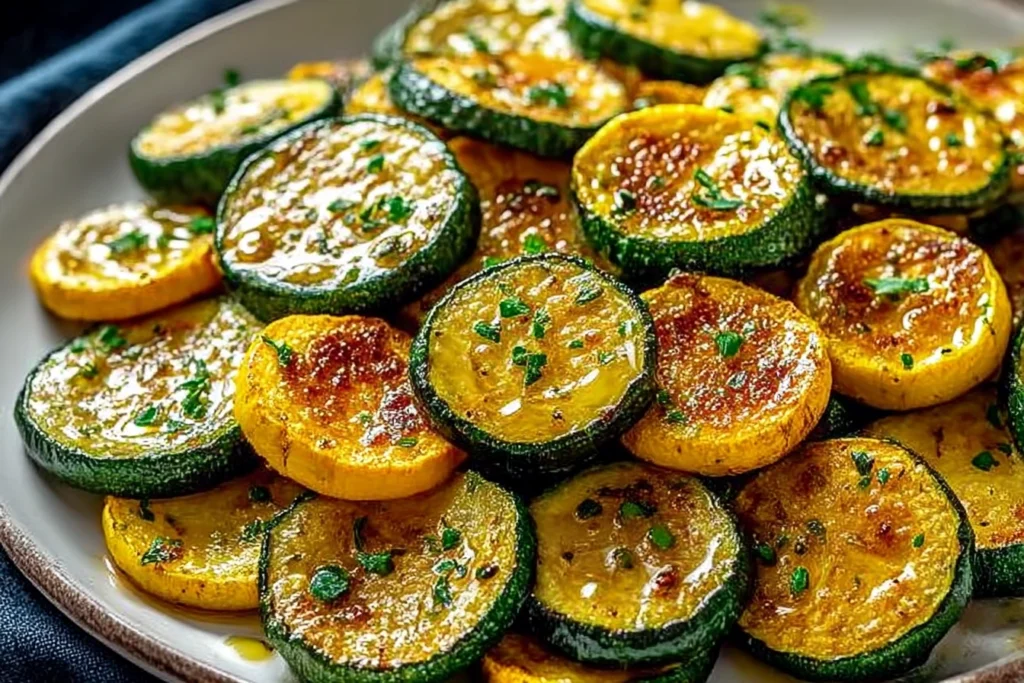 Perfectly Roasted Zucchini Squash: Your New Favorite Summer Veggie Side 6 Close-up of crispy roasted zucchini and yellow squash slices garnished with fresh herbs on a white ceramic plate
