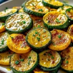 Perfectly Roasted Zucchini Squash: Your New Favorite Summer Veggie Side 7 Close-up of crispy roasted zucchini and yellow squash slices garnished with fresh herbs on a white ceramic plate