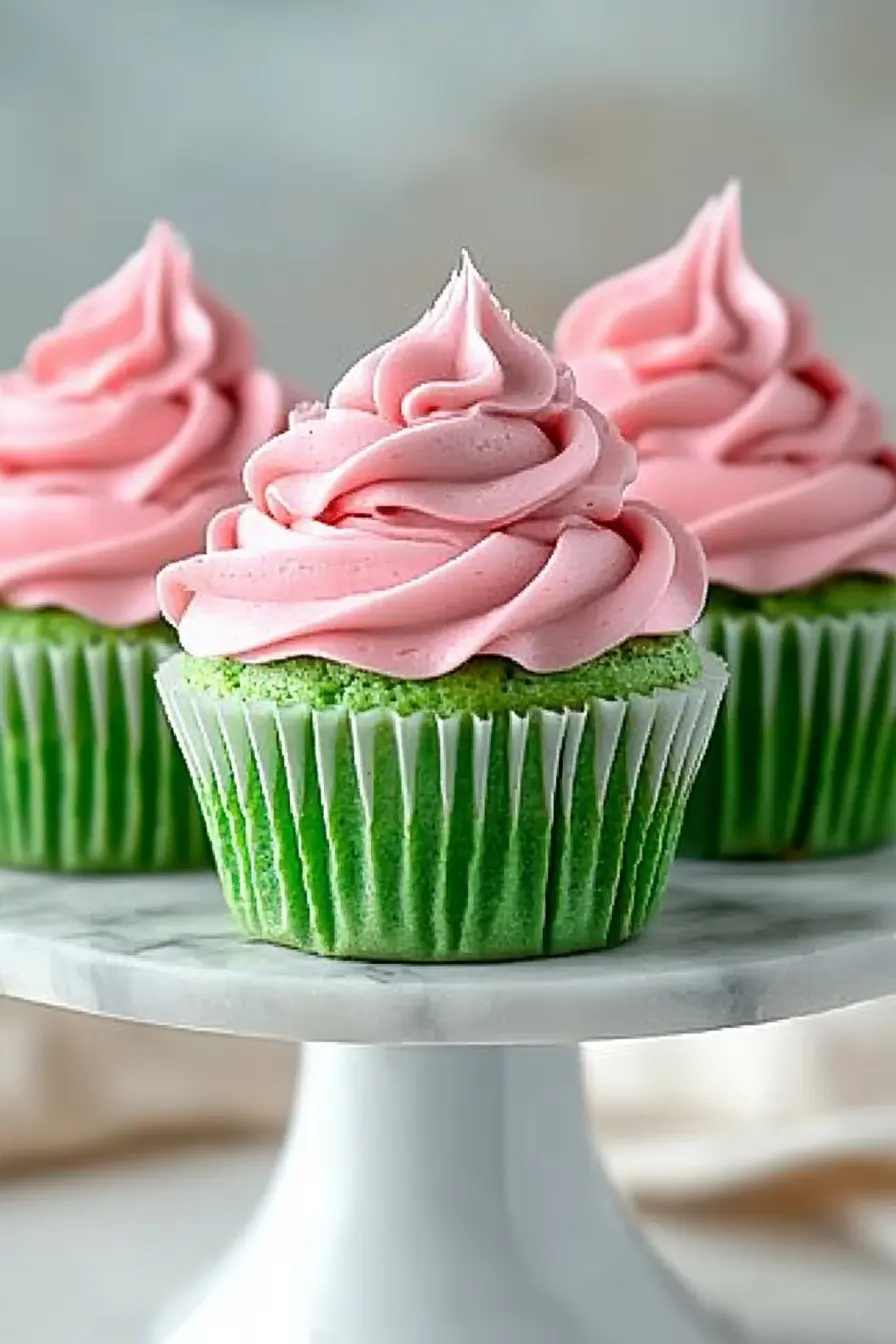 Three fluffy watermelon cupcakes with green cupcake bases and creamy pink frosting swirls displayed on a white marble cake stand against a soft beige background.