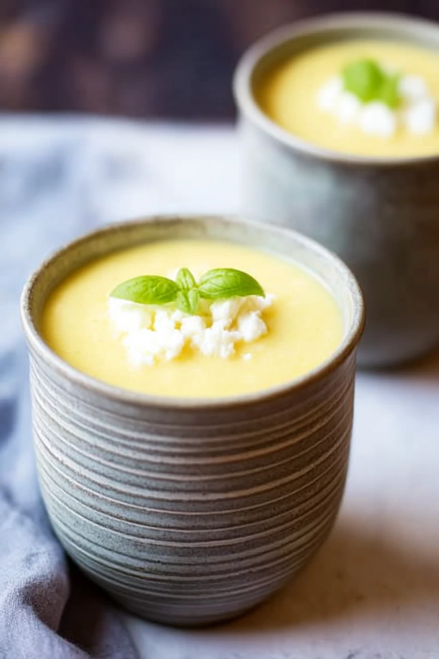 Two handcrafted ceramic cups filled with creamy fruity summer cold pineapple soup, garnished with crumbled white cheese and fresh basil on a rustic teal wooden table with a dark navy fabric background.