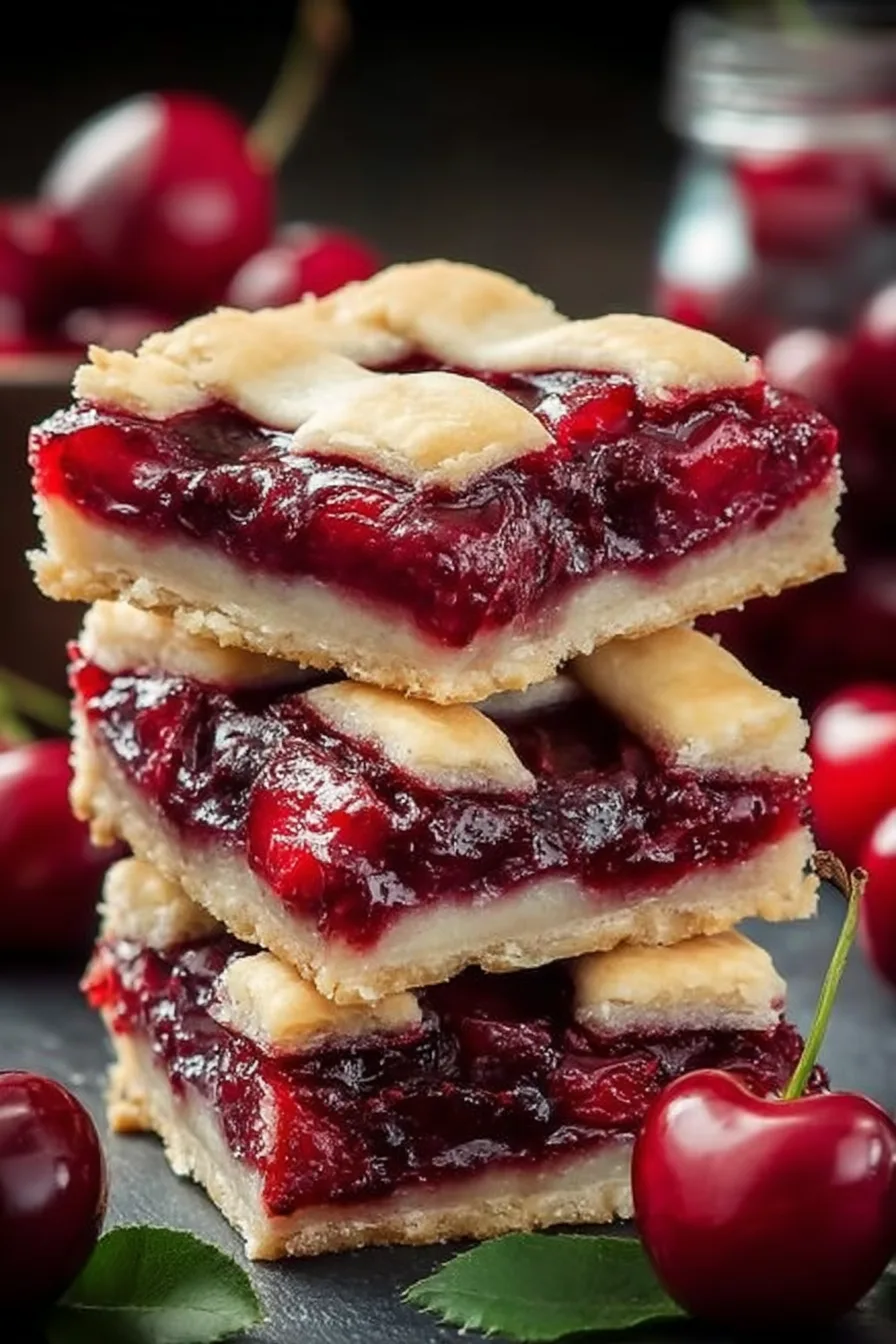 Stack of homemade cherry pie bars with glossy red cherry filling and flaky golden crust, surrounded by fresh cherries and green leaves on a dark background.