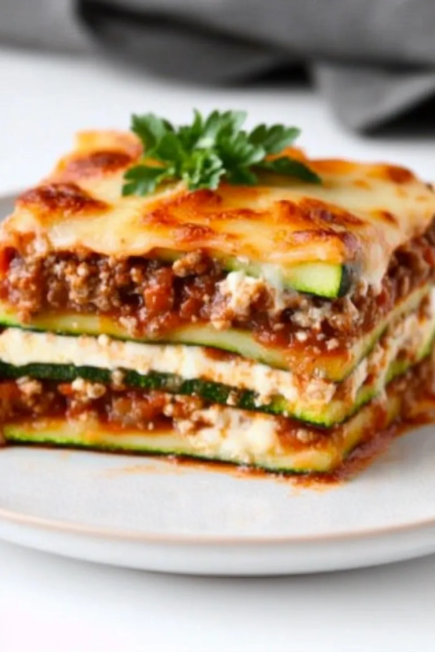 Close-up of a delicious zucchini lasagna recipe slice with creamy cheese layers, rich ground beef sauce, and melted golden mozzarella on a beige ceramic plate garnished with fresh parsley.
