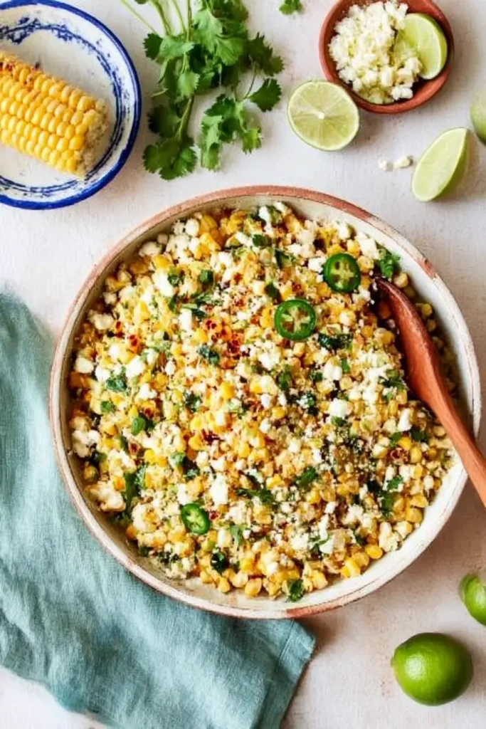 Fresh Mexican Street Corn Salad with grilled corn, crumbled cotija cheese, cilantro, and lime on a warm terracotta surface