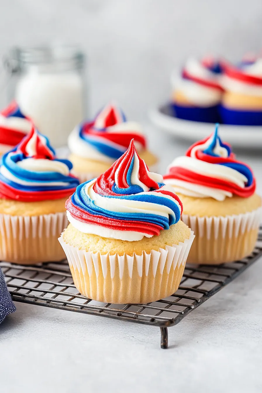 Patriotic cupcakes with red, white, and blue swirled buttercream frosting on vanilla bases, displayed on a wire cooling rack over a gray concrete table.