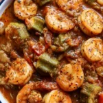 Smothered Okra With Shrimp: A Classic Southern Dinner Recipe 5 Close-up of smothered okra with shrimp in a thick tomato-based sauce, served in a dark teal bowl, showcasing tender shrimp and sliced fresh okra with visible seasoning.