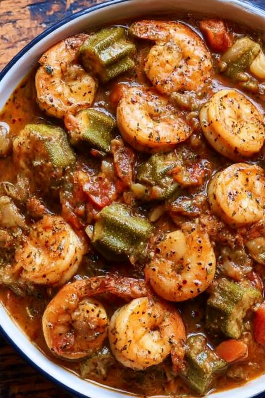 Close-up of smothered okra with shrimp in a thick tomato-based sauce, served in a dark teal bowl, showcasing tender shrimp and sliced fresh okra with visible seasoning.