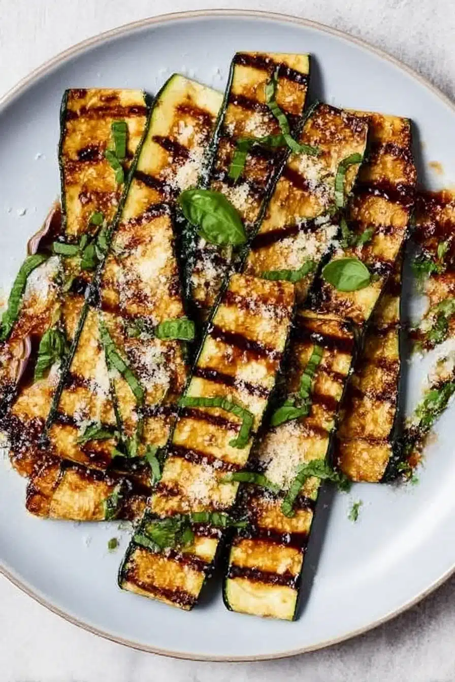 Grilled zucchini slices with basil and Parmesan served on a white plate, drizzled with balsamic glaze