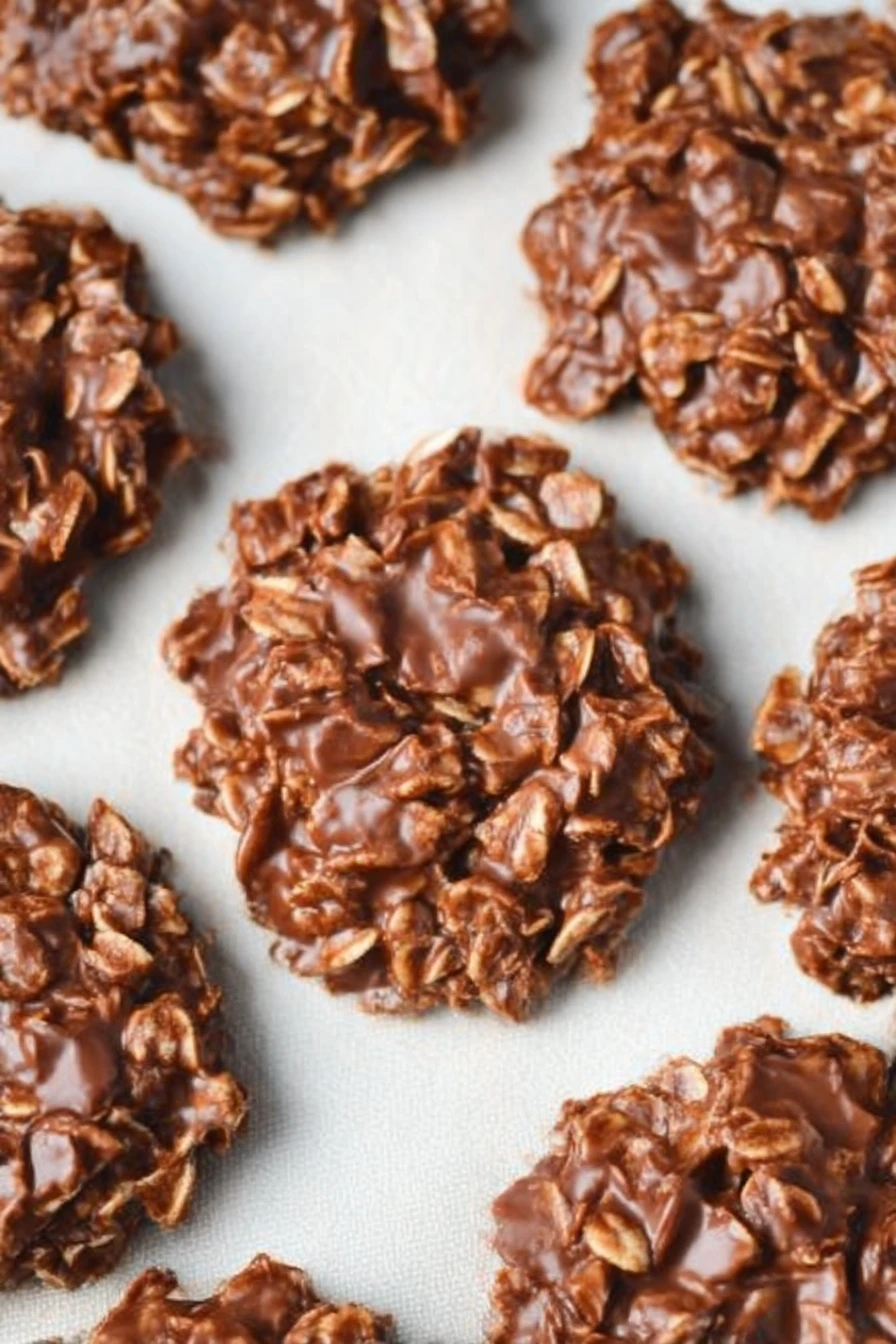 Close-up of homemade no bake cookies with chocolate and oats on beige linen cloth, showing rich texture and glossy coating.
