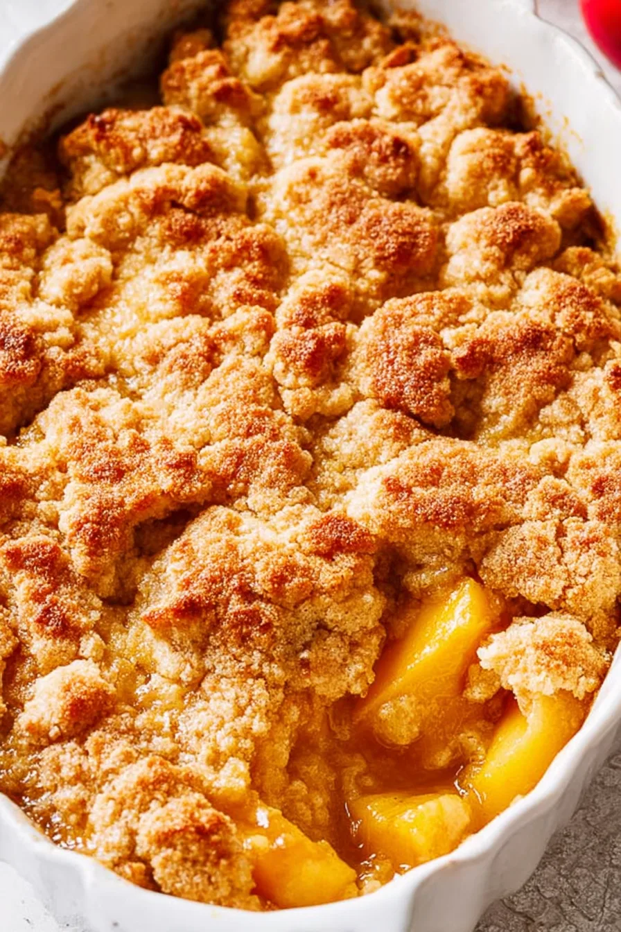 Golden brown easy peach cobbler with crumbly topping and juicy peaches in a white baking dish
