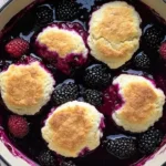 Easy Skillet Blackberry Cobbler: A Quick & Delicious Summer Dessert 5 Close-up of an easy skillet blackberry cobbler with golden biscuit topping in a white enamel cast iron skillet, showcasing juicy blackberries and a glossy fruit filling.