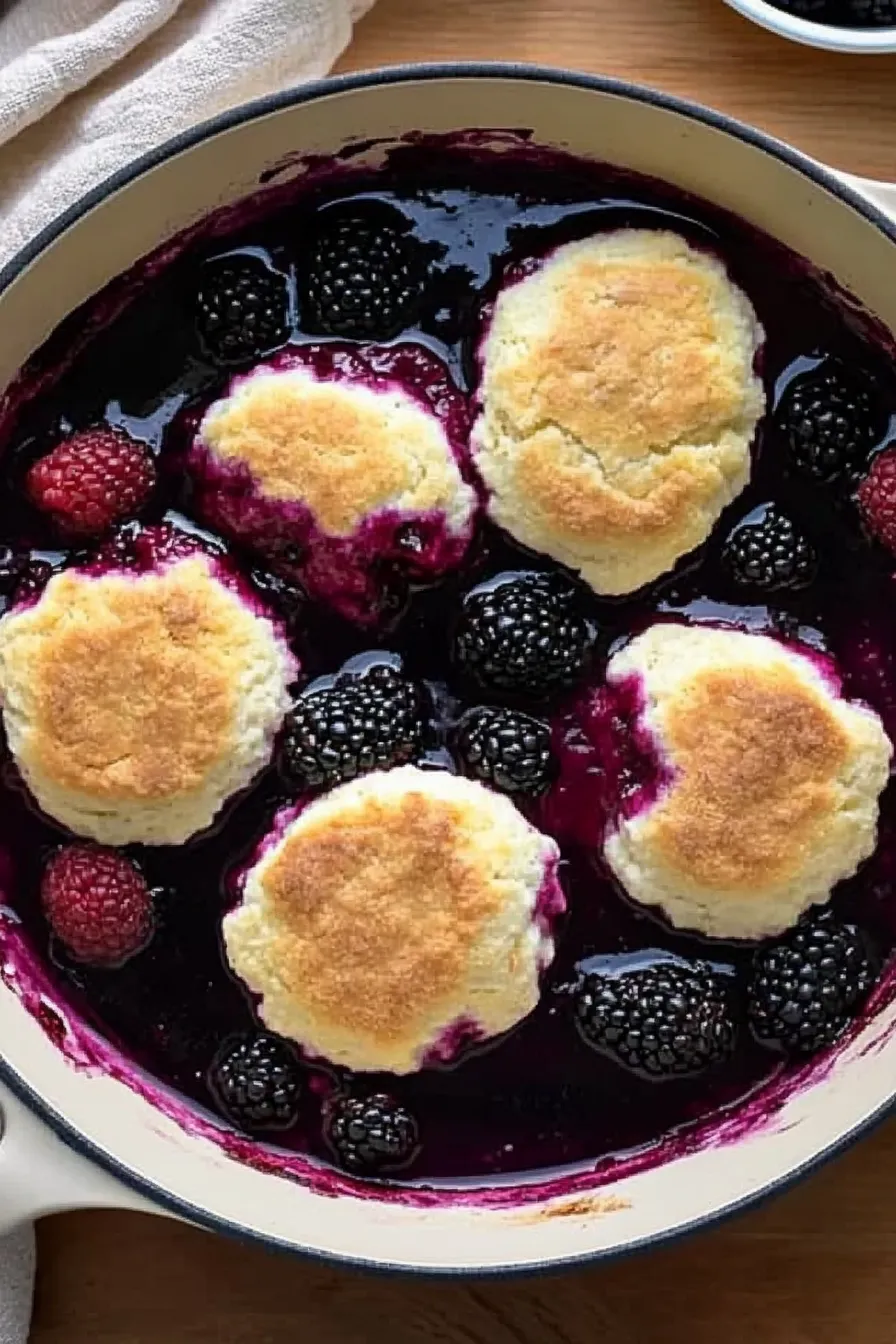 Close-up of an easy skillet blackberry cobbler with golden biscuit topping in a white enamel cast iron skillet, showcasing juicy blackberries and a glossy fruit filling.