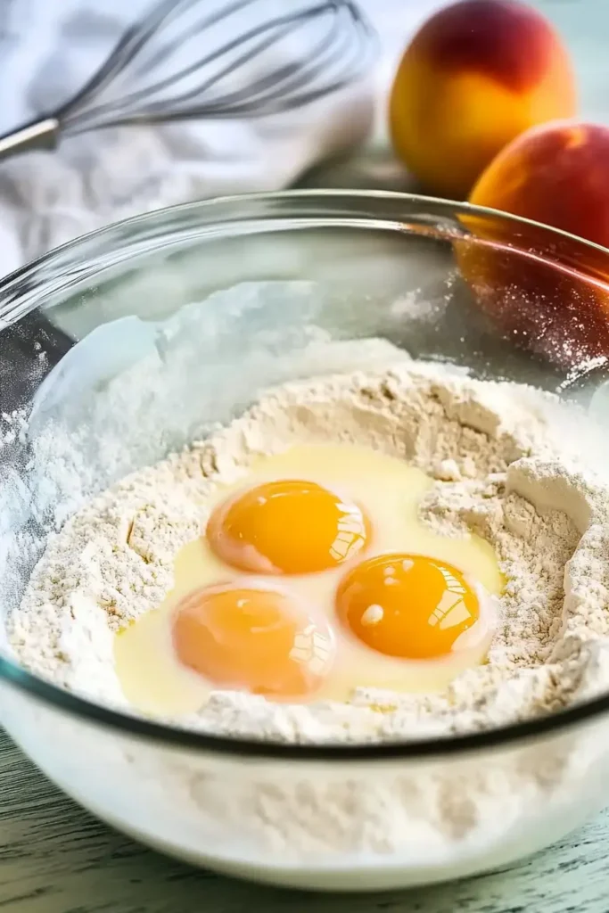 Unmixed eggs, milk, and melted butter sitting atop flour in a clear bowl, ready for peach fritter batter preparation.