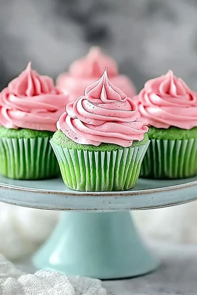 Delicious Fluffy Watermelon Cupcakes Recipe for Summer Fun 5 Five fluffy watermelon cupcakes with bright green bases and smooth pink rosette frosting on a light gray speckled ceramic cake stand against a blurred cool gray background.