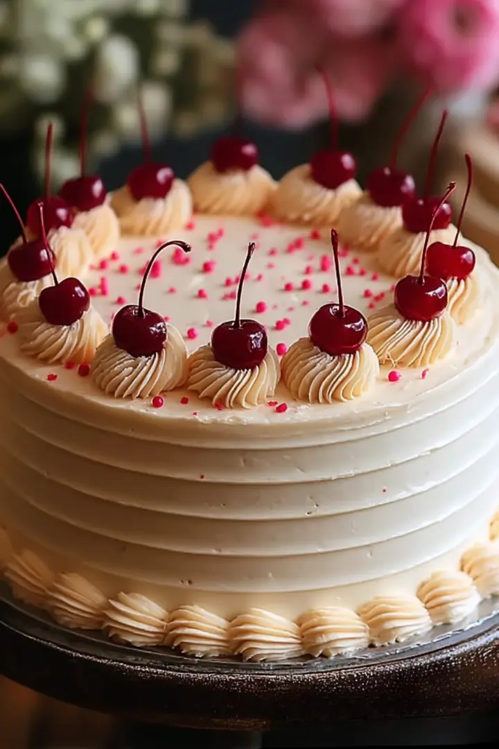 Vintage-style round buttercream cake with glossy maraschino cherries and pink edible pearls on a rustic dark ceramic stand