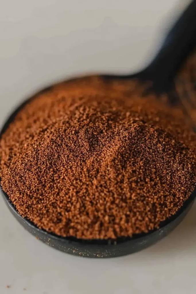 Mini Coffee Cheesecakes – Easy Father’s Day Dessert Recipe 10 Close-up of a black spoon filled with espresso powder on a rustic surface with kitchen towel in background
