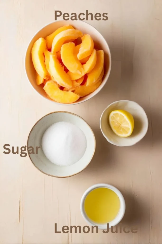 Ingredients for The Best Peach Sorbet Without Ice Cream Maker including peaches, sugar, and lemon juice.