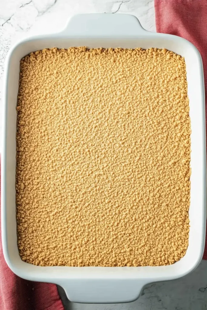 Cherry Delight: The Best No-Bake Summer Dessert 9 Pressed graham cracker crust in a white baking dish, ready for the next layer in a no-bake Cherry Delight dessert