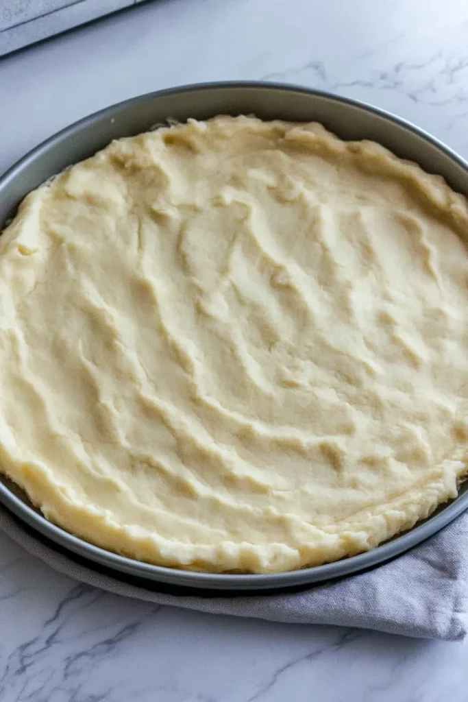 Unbaked sugar cookie crust evenly pressed into a round pan for 4th of July fruit pizza preparation on a marble surface.