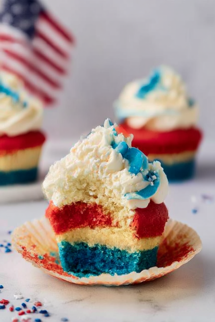 Close-up of a 4th of July cupcake with red, white, and blue layered moist cake topped with swirled white and blue frosting and patriotic star sprinkles on a polished white marble surface.