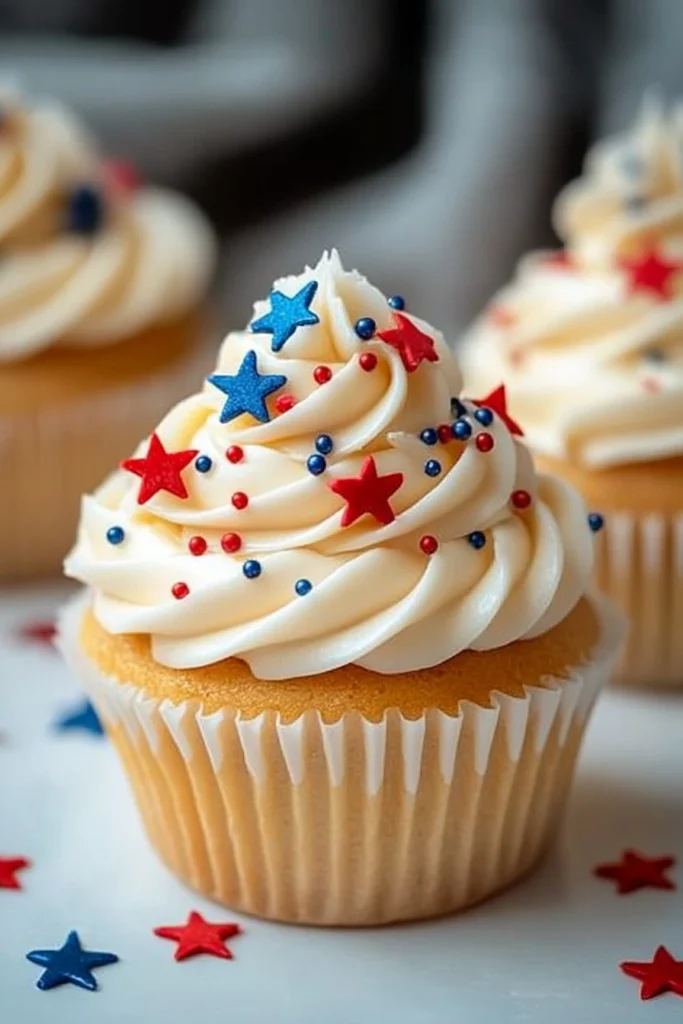 All-American Vanilla Cupcakes: Easy & Festive 4th of July Recipe 5 Three moist vanilla cupcakes with smooth vanilla buttercream frosting topped with red and blue star-shaped sprinkles on a glossy white surface with a soft gray fabric background.