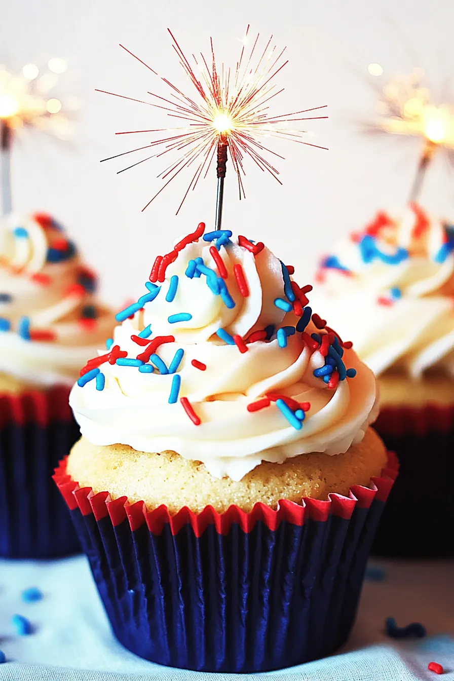 July firework cupcakes with swirl frosting, sparkler toppers, and red-blue sprinkles on a festive table.