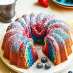 Red White & Blue Marble Bundt Cake with powdered sugar dusting, showcasing vibrant red, white, and blue swirls, served on a white plate with fresh berries.
