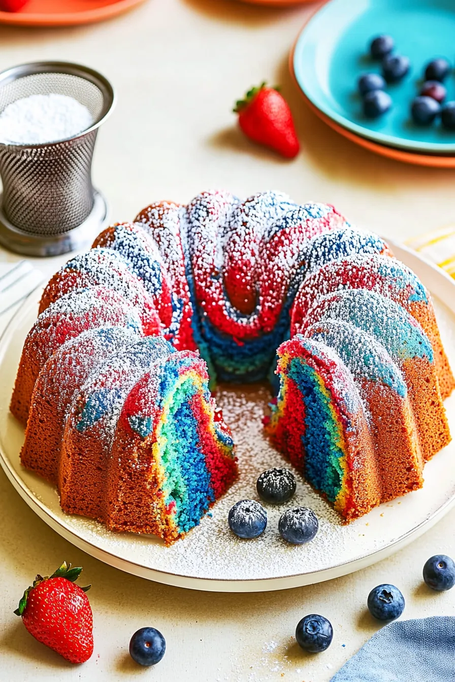 Red White & Blue Marble Bundt Cake with powdered sugar dusting, showcasing vibrant red, white, and blue swirls, served on a white plate with fresh berries.