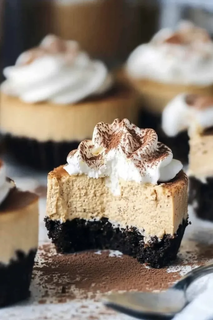Mini Coffee Cheesecakes – Easy Father’s Day Dessert Recipe 14 Mini coffee cheesecake sliced open with whipped cream topping, showing creamy filling and Oreo crust on a rustic background