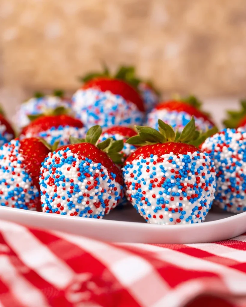 Close-up of 4th of July strawberries dipped in white chocolate and coated with patriotic sprinkles on a white dish with blue checkered napkin.