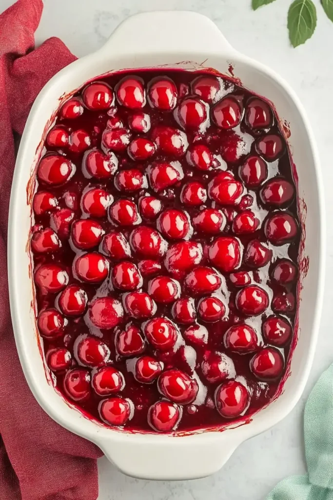 Cherry Delight: The Best No-Bake Summer Dessert 10 Fully assembled Cherry Delight topped with glossy cherry pie filling in a white baking dish