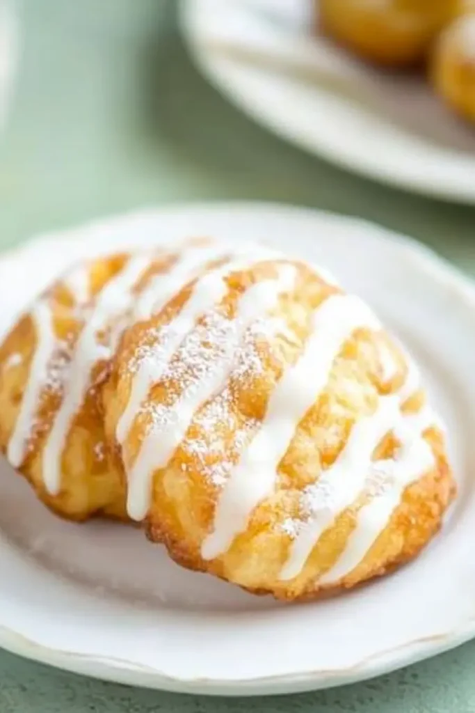 Crispy peach fritters drizzled with powdered sugar glaze on a decorative white plate, ready to serve.