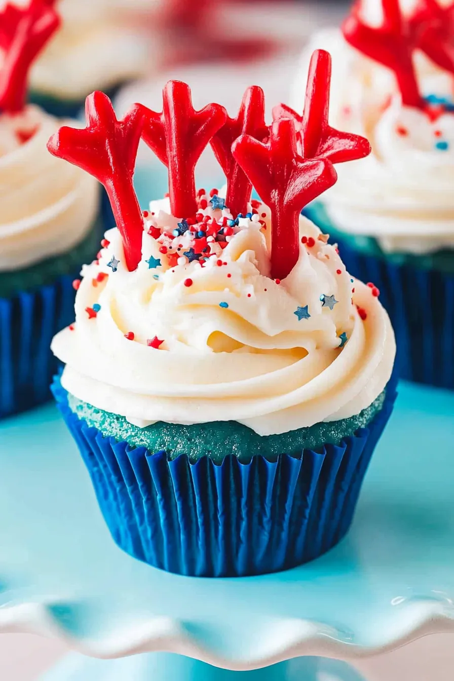 Festive red, white, and blue firecracker cupcake with white frosting, sprinkles, and licorice on a red cake stand for 4th of July celebrations.