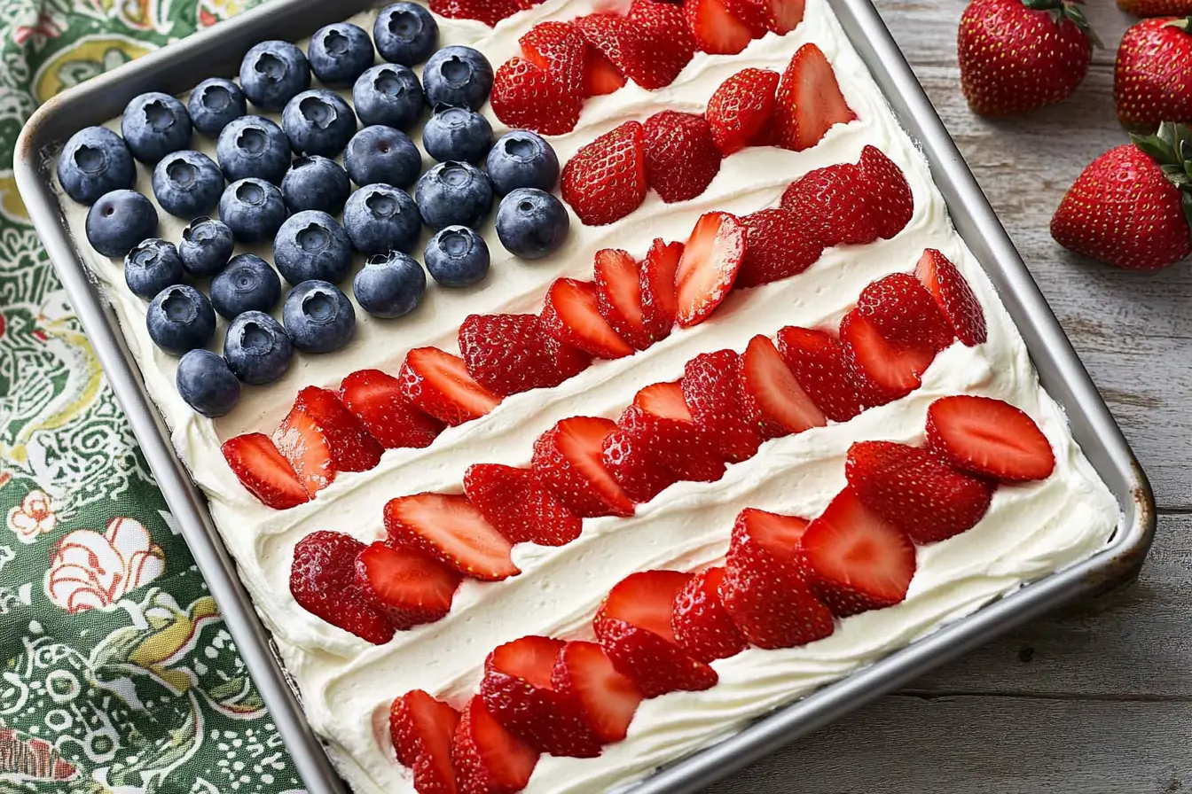Patriotic flag cake decorated with strawberries and blueberries on whipped cream in a metal pan.