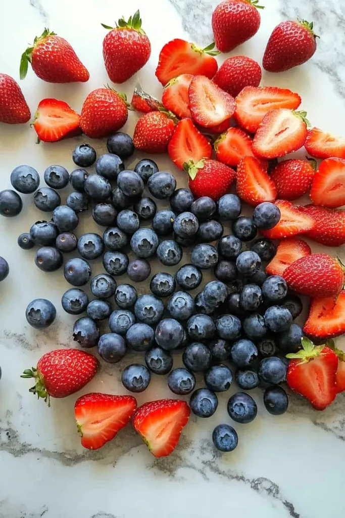 Fresh blueberries and sliced strawberries scattered on white marble, prepped for decorating a 4th of July fruit pizza.